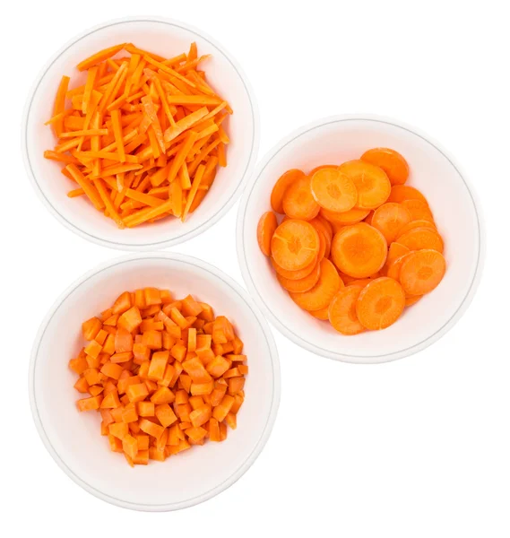 Different Style Chopped Carrots White Bowls — Stock Photo, Image