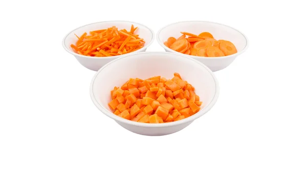 Different Style Chopped Carrots White Bowls — Stock Photo, Image