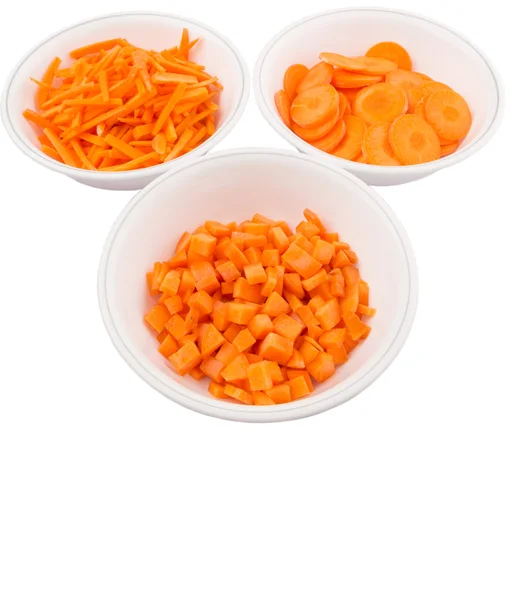 Different Style Chopped Carrots White Bowls — Stock Photo, Image