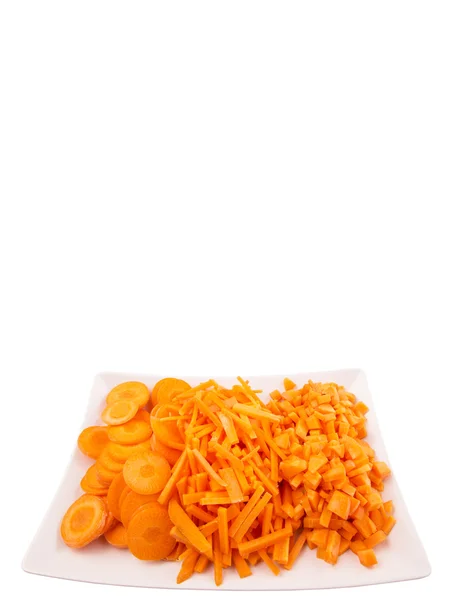Verschiedene Arten Von Gehackten Karotten Einem Teller — Stockfoto