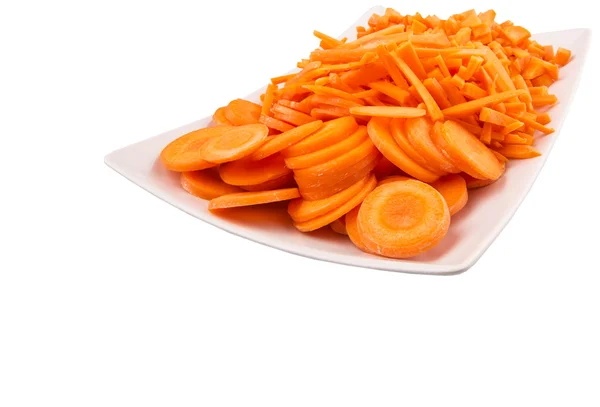 Verschiedene Arten Von Gehackten Karotten Einem Teller — Stockfoto