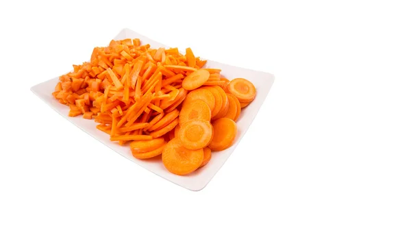 Διαφορετικό Στυλ Ψιλοκομμένο Καρότα Ένα Πιάτο — Φωτογραφία Αρχείου