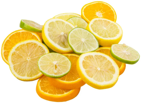 Kalk Citroen Sinaasappel Laag Segmenten Witte Achtergrond — Stockfoto