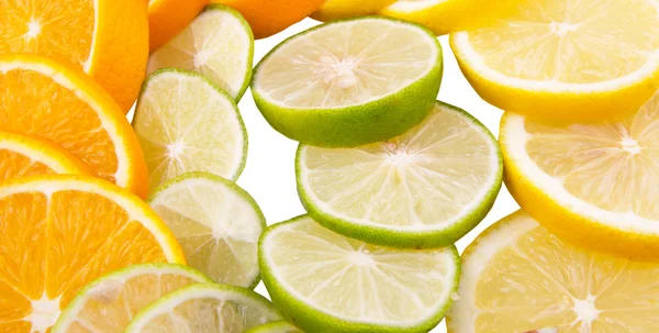 Close Van Segmenten Van Citroen Limoen Sinaasappel — Stockfoto