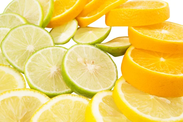 Close Van Segmenten Van Citroen Limoen Sinaasappel — Stockfoto