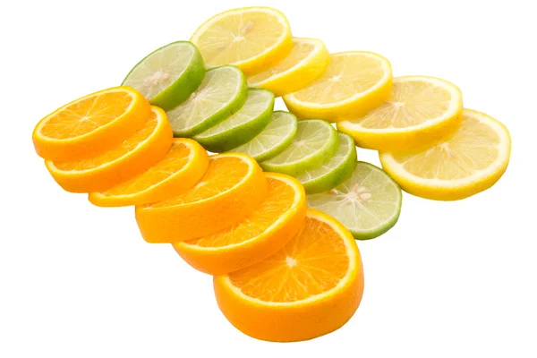 Tranches Chaux Citron Orange Sur Fond Blanc — Photo