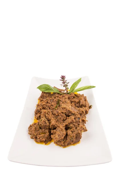 Beef Rendang Popular Traditional Malay Dish White Plate White Background — Stock Photo, Image