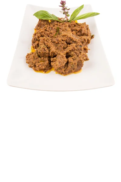 Beef Rendang Popular Traditional Malay Dish White Plate White Background — Stock Photo, Image