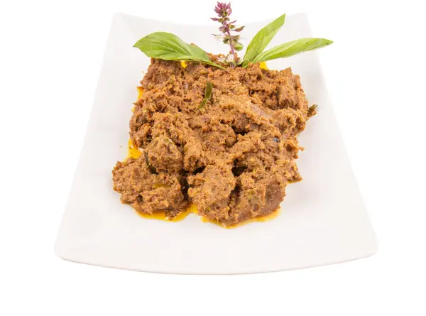 Beef Rendang Popular Traditional Malay Dish White Plate White Background — Stock Photo, Image