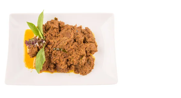 Beef Rendang Popular Traditional Malay Dish White Plate White Background — Stock Photo, Image