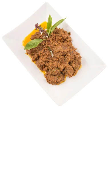 Beef Rendang Popular Traditional Malay Dish White Plate White Background — Stock Photo, Image