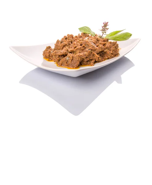 Beef Rendang Popular Traditional Malay Dish White Plate White Background — Stock Photo, Image