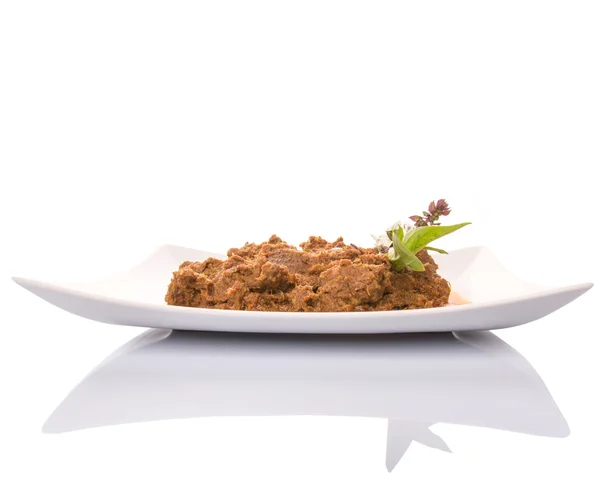 Beef Rendang Popular Traditional Malay Dish White Plate White Background — Stock Photo, Image