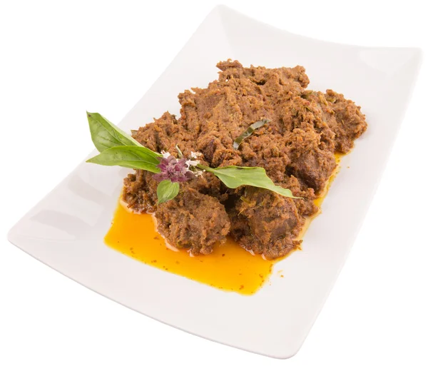 Beef Rendang Popular Traditional Malay Dish White Plate White Background — Stock Photo, Image