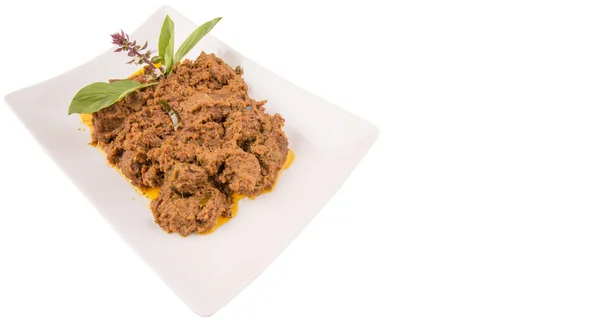 Beef Rendang Popular Traditional Malay Dish White Plate White Background — Stock Photo, Image