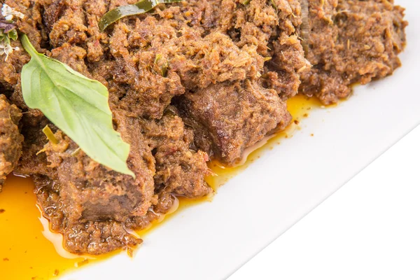 Beef Rendang Popular Traditional Malay Dish White Plate White Background — Stock Photo, Image