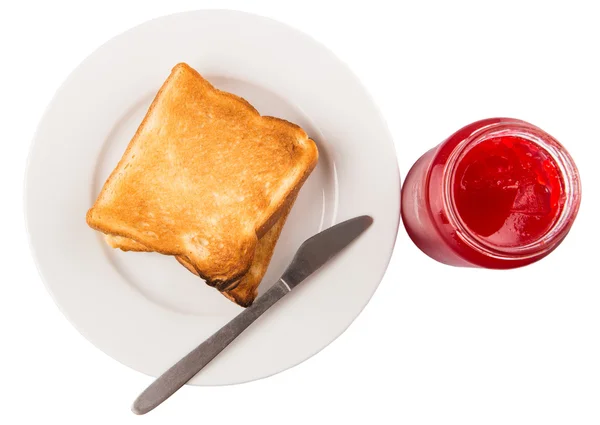 Een Fles Strawberry Jam Brood Toast Een Plaat Witte Achtergrond — Stockfoto
