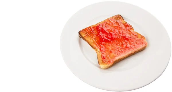 Brød Toast Med Jordbærsyltetøj Hvid Plade - Stock-foto