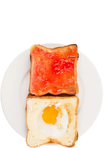 Bread Toast With Fried Egg And Strawberry Jam — Stock Photo, Image