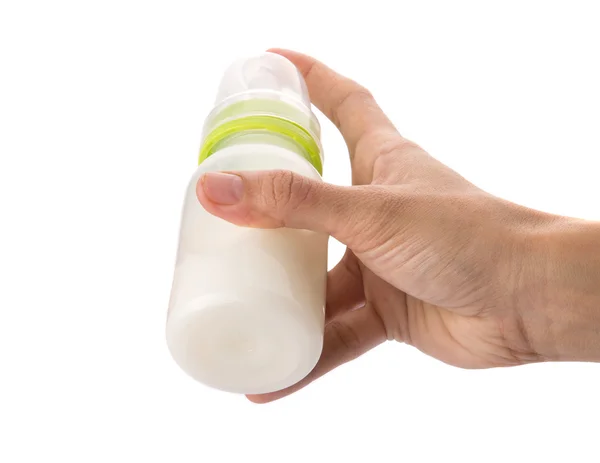 Babyflasche mit Milch halten — Stockfoto