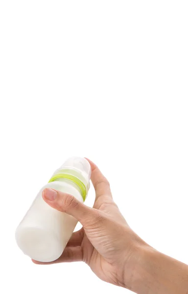 Female Hand Holding Baby Bottle Milk White Background — Stock Photo, Image