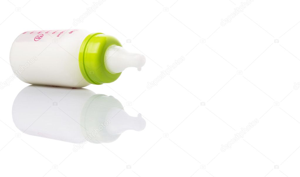 Milk in a baby bottle over white background