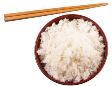 bir kase pilav ve beyaz zemin üzerine çubuk çifti