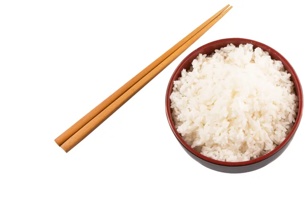 Eine Schüssel Reis Und Ein Essstäbchen Vor Weißem Hintergrund — Stockfoto