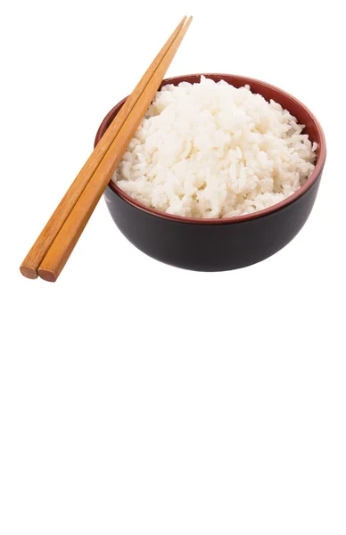 Skål Med Ris Och Ett Par Chopstick Över Vit Bakgrund — Stockfoto