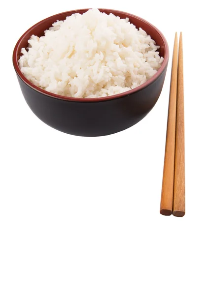Misku Rýže Pár Hůlky Nad Bílým Pozadím — Stock fotografie