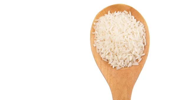 Raw Uncooked Rice Wooden Spoon White Background — Stock Photo, Image