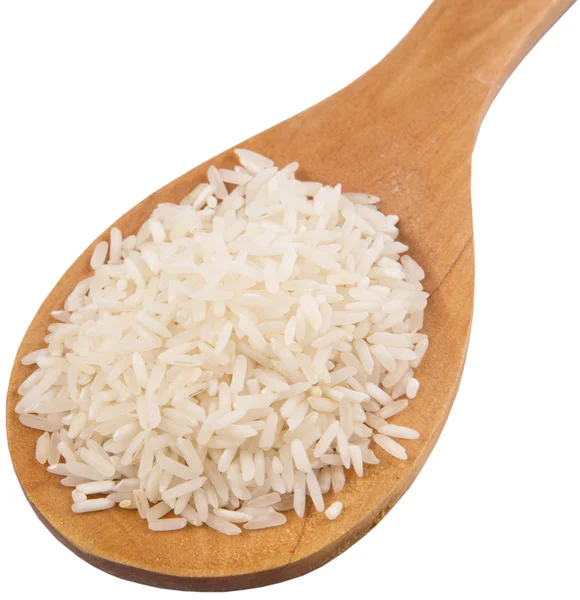 Raw And Uncooked Rice On Wooden Spoon — Stock Photo, Image