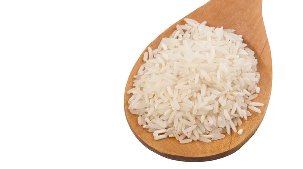 Raw Uncooked Rice Wooden Spoon White Background — Stock Photo, Image