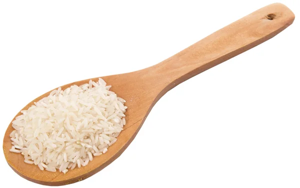 Raw Uncooked Rice Wooden Spoon White Background — Stock Photo, Image