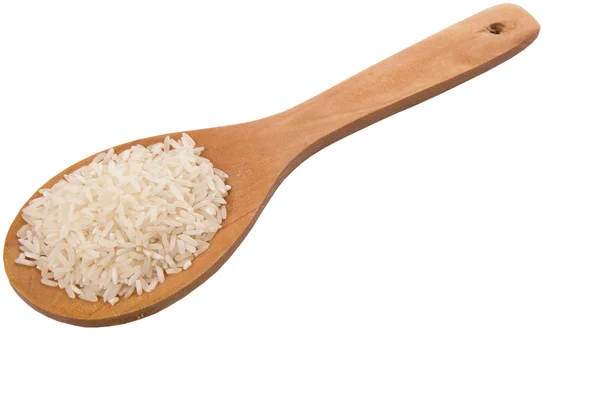 Raw Uncooked Rice Wooden Spoon White Background — Stock Photo, Image