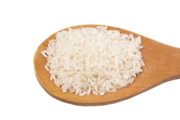 Raw And Uncooked Rice On Wooden Spoon — Stock Photo, Image