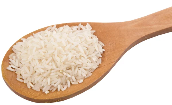 Raw And Uncooked Rice On Wooden Spoon — Stock Photo, Image