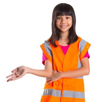 Genç Asyalı preteen kız ile portakal Emanet reflektif yelek