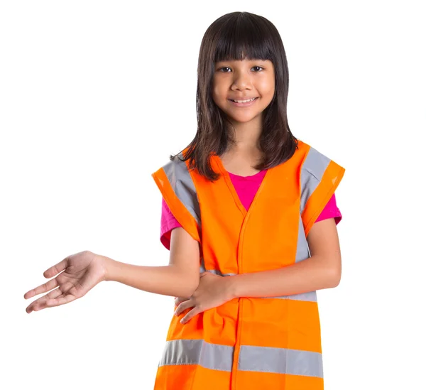 Joven asiática preadolescente chica con un naranja seguridad reflexivo chaleco —  Fotos de Stock