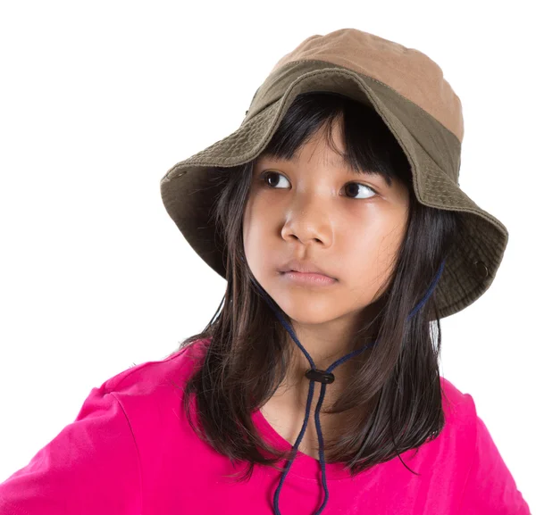 Young Asian Preteen Girl Wearing Angler Hat And Pink Tshirt — Stock Photo, Image