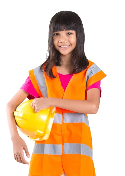 Tineri Preteen Asiatic Fata Cu Greu Hat Și Reflective Vest — Fotografie, imagine de stoc