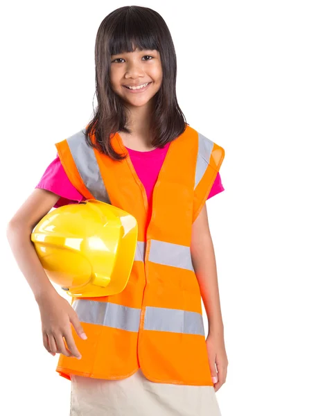 Joven preadolescente asiático chica con duro sombrero y reflexivo chaleco — Foto de Stock