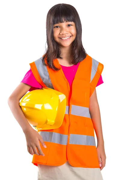 Tineri Preteen Asiatic Fata Cu Greu Hat Și Reflective Vest — Fotografie, imagine de stoc