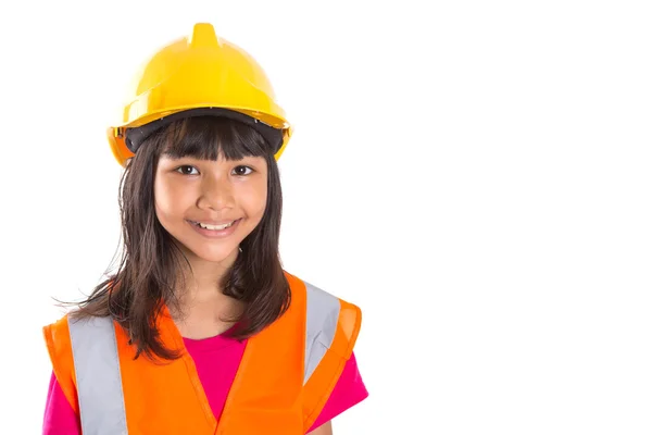 Jong preteen Aziatische meisje met harde hoed en reflecterende vest — Stockfoto