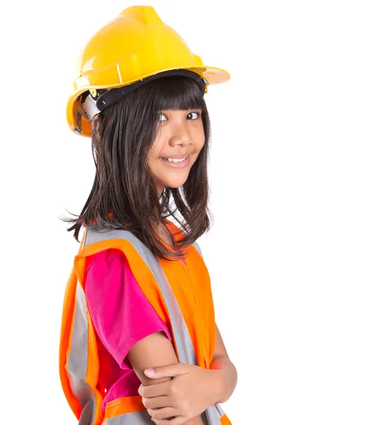年轻的青春期前亚洲女孩与安全帽和反光背心 — 图库照片