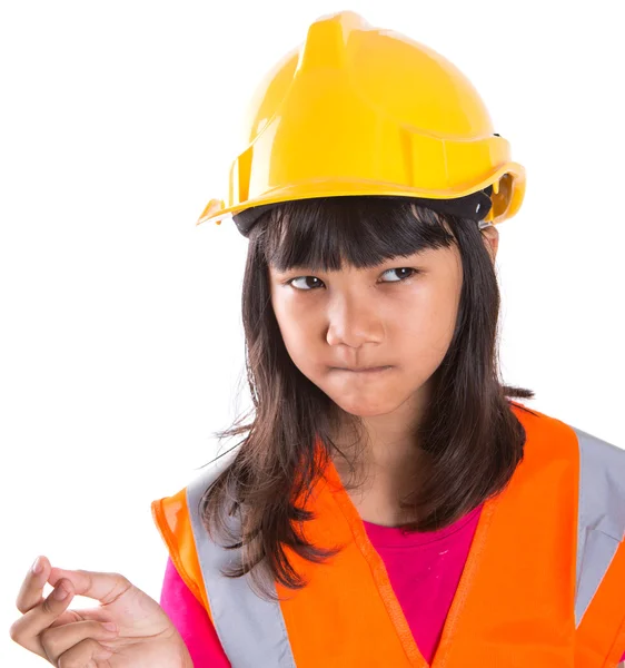 Young Preteen Asian Girl With Hard Hat And Reflective Vest — Stock Photo, Image