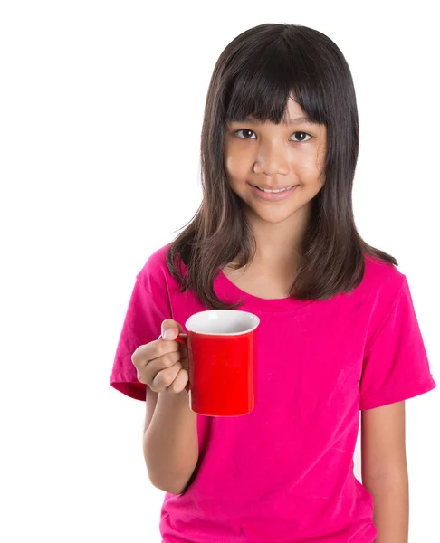 Young Asian Preteen Girl With Red Mug — Stock Photo, Image