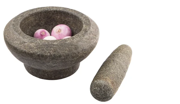 Stone Mortar And Pestle With Onions — Stock Photo, Image