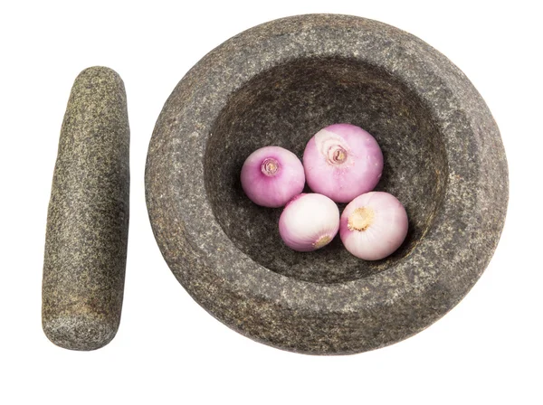 Kamienny moździerz i tłuczek z cebulą — Zdjęcie stockowe