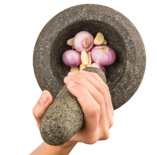 Crunching Onions And Garlic  With Stone Mortar and Pestle — Stock Photo, Image